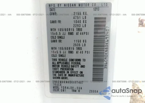 2013 Nissan Nv200 S z USA, uszkodzony, nr VIN 3N6CM0KN8DK697407